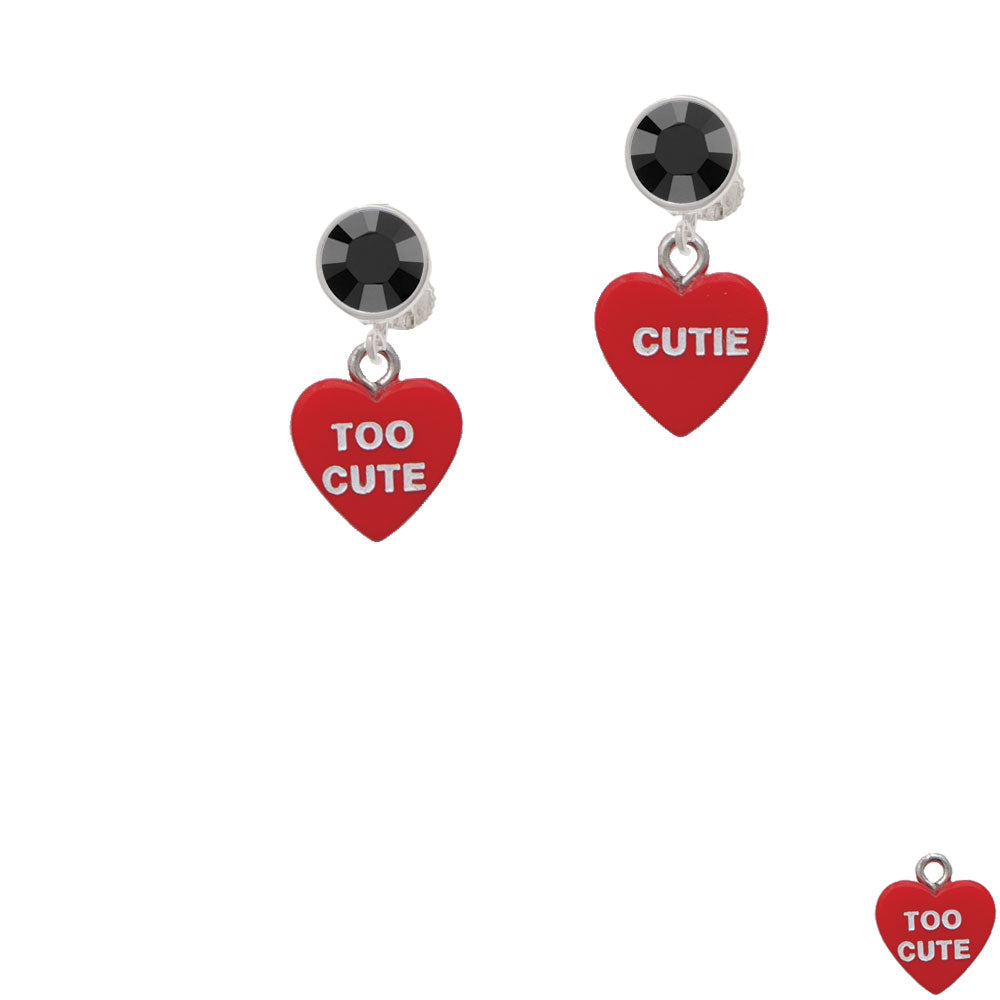 Acrylic Red "Too Cute / Cutie" Heart Crystal Clip On Earrings Image 3