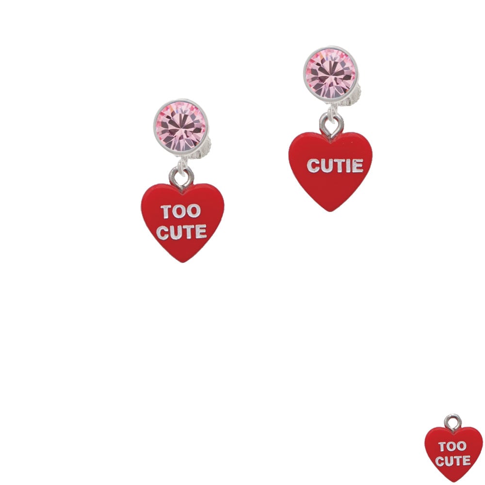 Acrylic Red "Too Cute / Cutie" Heart Crystal Clip On Earrings Image 1