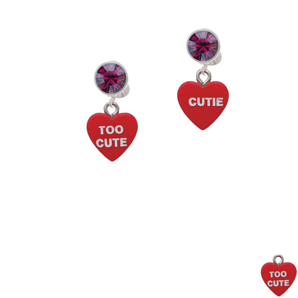 Acrylic Red "Too Cute / Cutie" Heart Crystal Clip On Earrings Image 8