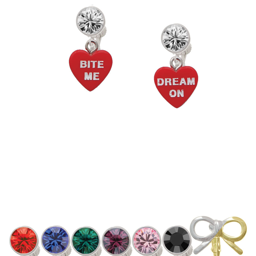 Acrylic Red "Dream On / Bite Me" Heart Crystal Clip On Earrings Image 1