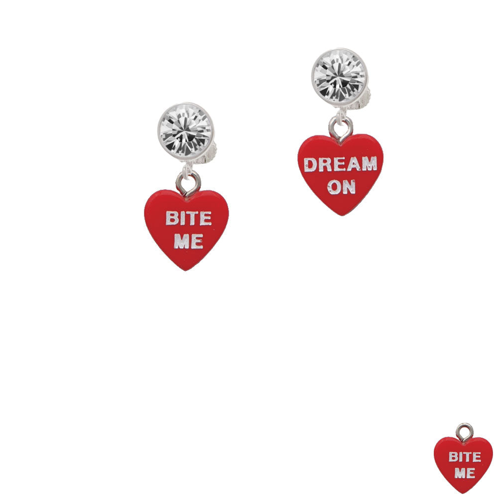 Acrylic Red "Dream On / Bite Me" Heart Crystal Clip On Earrings Image 2