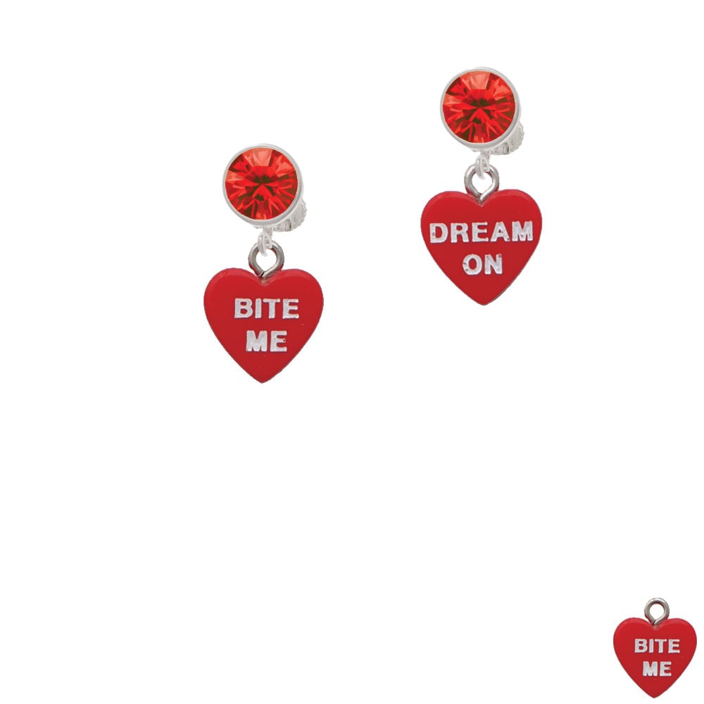 Acrylic Red "Dream On / Bite Me" Heart Crystal Clip On Earrings Image 4