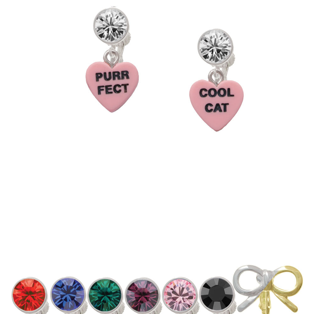 Acrylic Pink "Cool Cat / Purr Fect" Heart Crystal Clip On Earrings Image 1