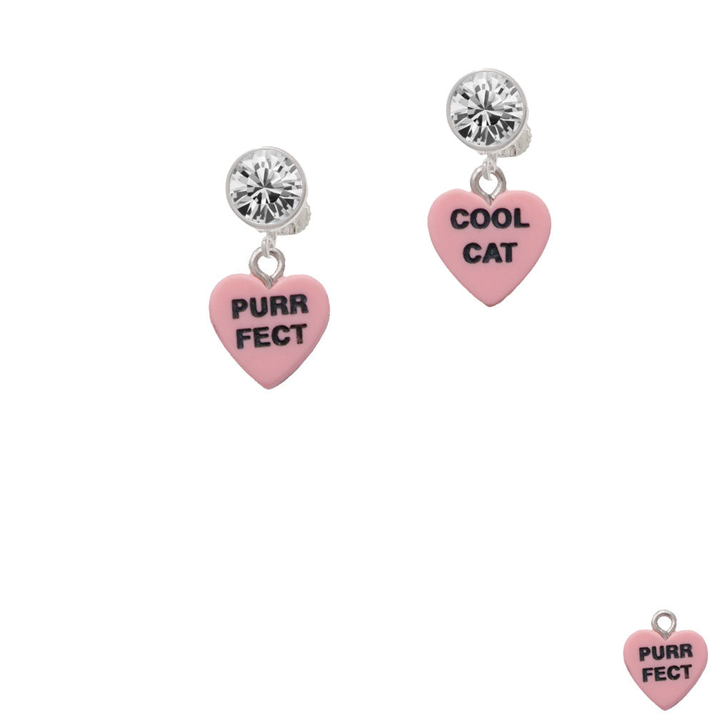 Acrylic Pink "Cool Cat / Purr Fect" Heart Crystal Clip On Earrings Image 2