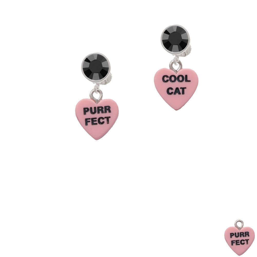 Acrylic Pink "Cool Cat / Purr Fect" Heart Crystal Clip On Earrings Image 3