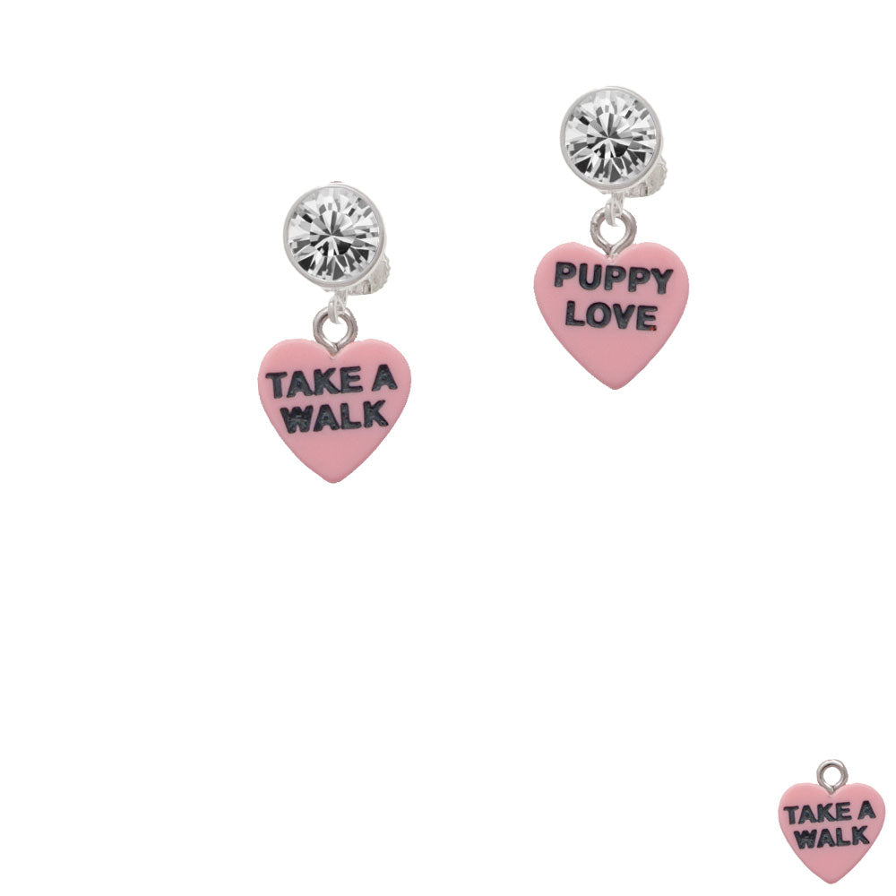 Acrylic Pink "Puppy Love / Take a Walk" Heart Crystal Clip On Earrings Image 2