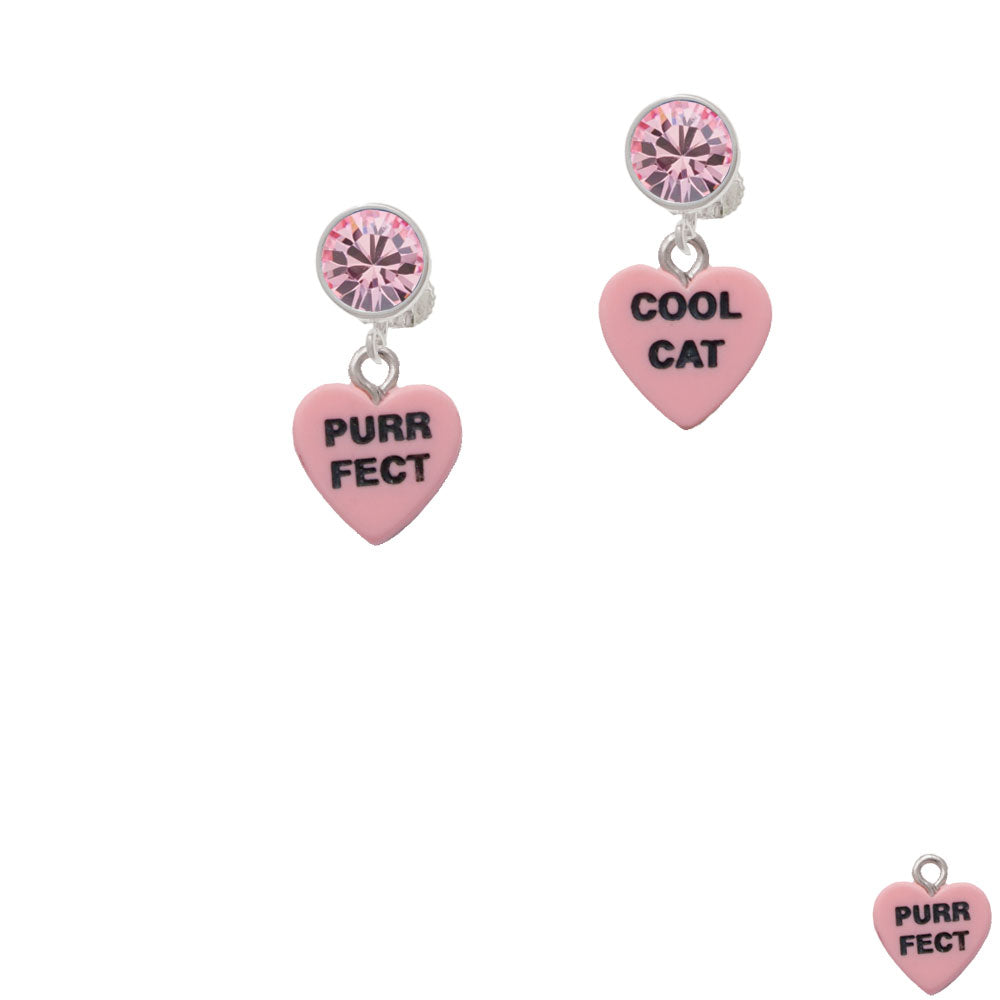 Acrylic Pink "Cool Cat / Purr Fect" Heart Crystal Clip On Earrings Image 4