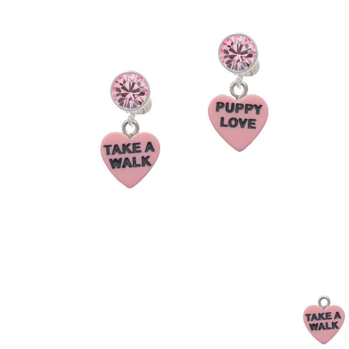 Acrylic Pink "Puppy Love / Take a Walk" Heart Crystal Clip On Earrings Image 4