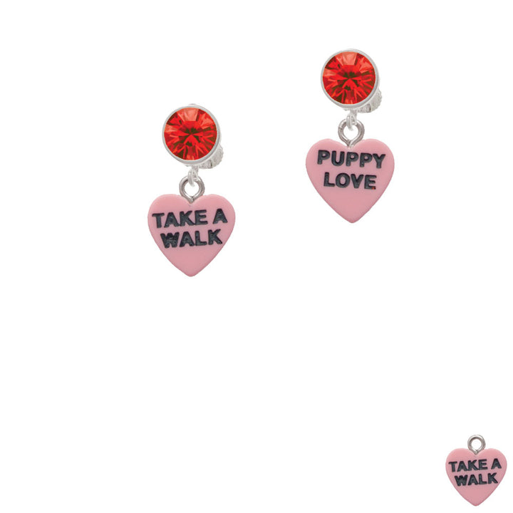 Acrylic Pink "Puppy Love / Take a Walk" Heart Crystal Clip On Earrings Image 4