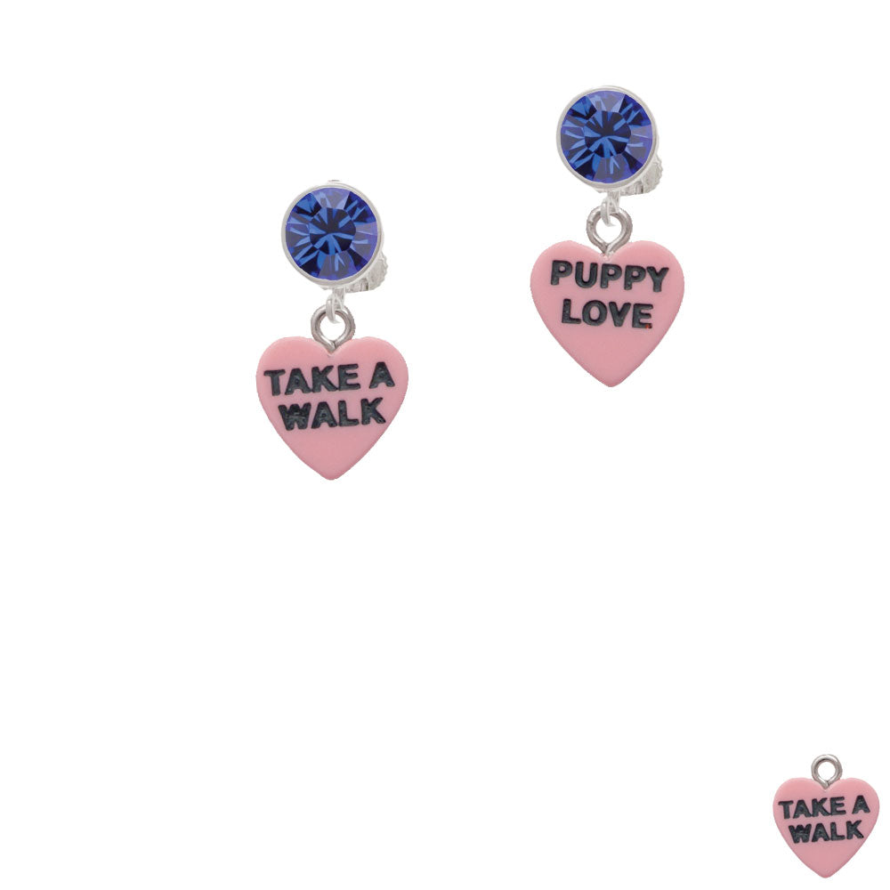 Acrylic Pink "Puppy Love / Take a Walk" Heart Crystal Clip On Earrings Image 7