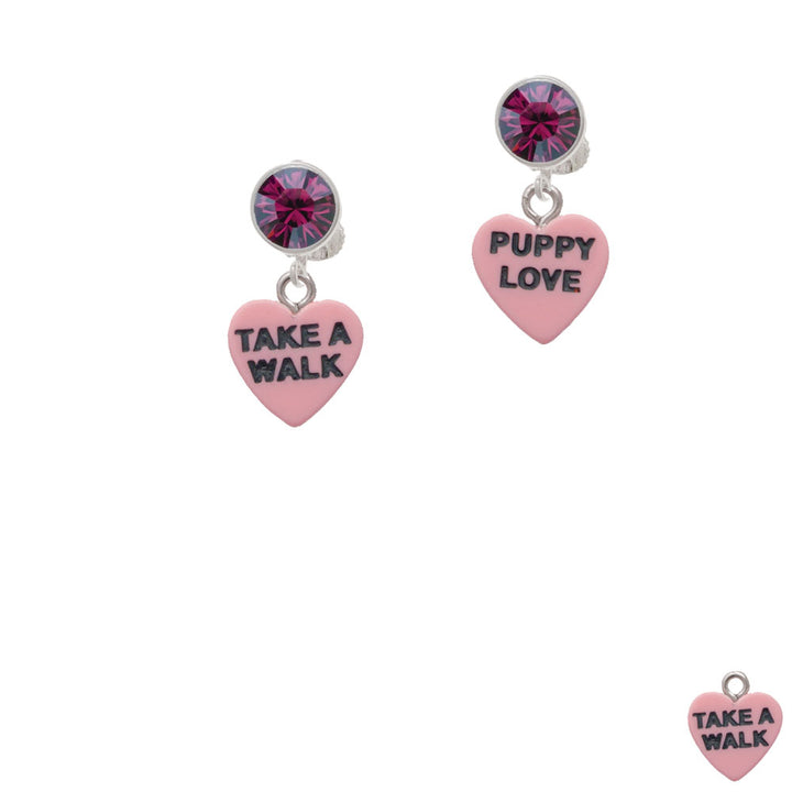 Acrylic Pink "Puppy Love / Take a Walk" Heart Crystal Clip On Earrings Image 8