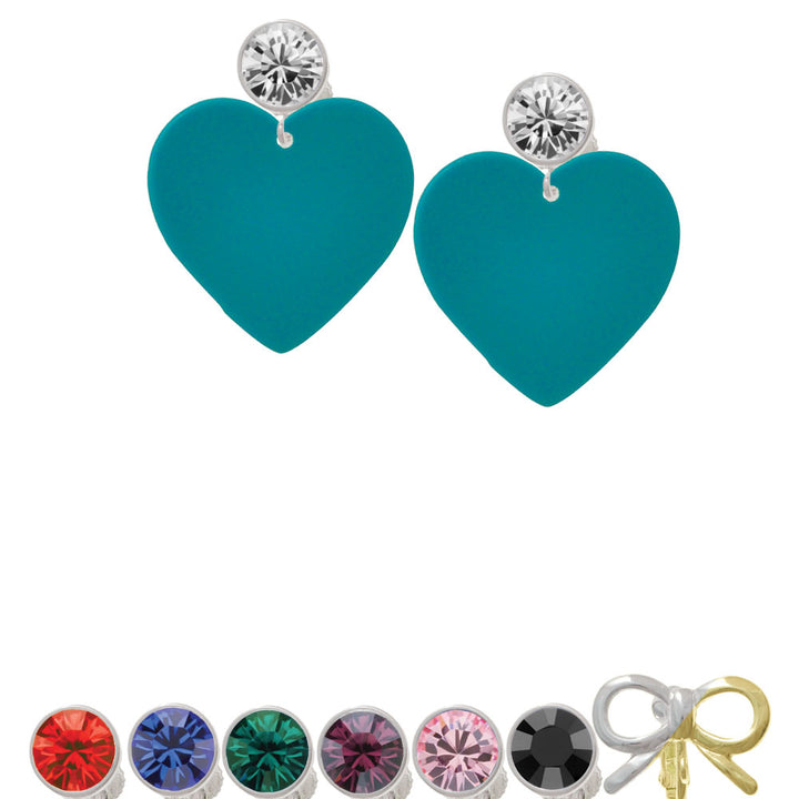 Acrylic 1" Teal Heart Crystal Clip On Earrings Image 1