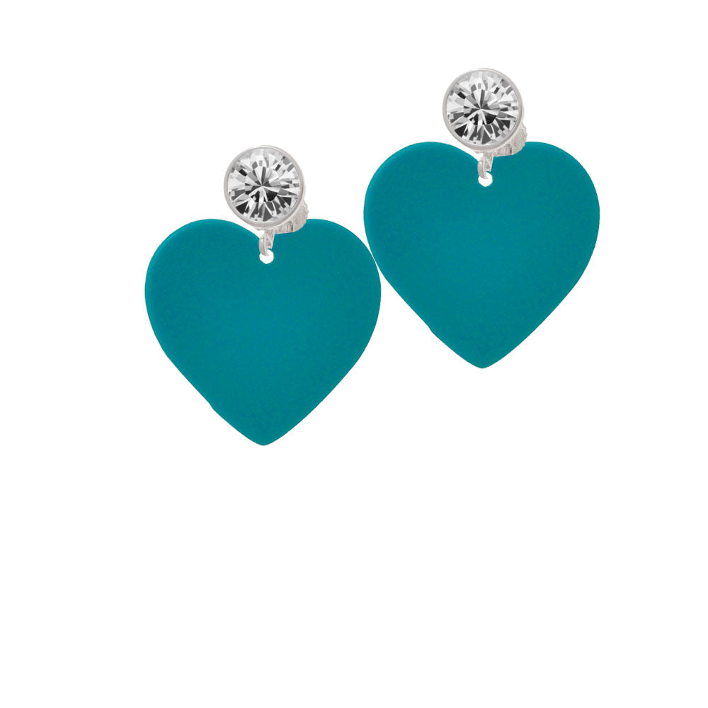 Acrylic 1" Teal Heart Crystal Clip On Earrings Image 2