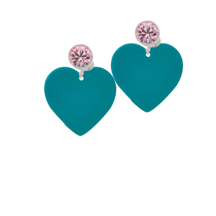 Acrylic 1" Teal Heart Crystal Clip On Earrings Image 4