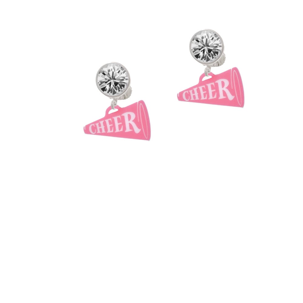 Acrylic 3/4" Pink Cheer Megaphone Crystal Clip On Earrings Image 1