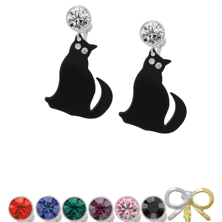 Acrylic Sitting Black Cat with Crystal Eyes Crystal Clip On Earrings Image 1