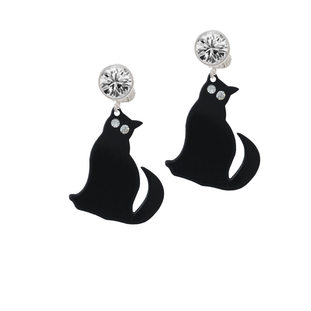 Acrylic Sitting Black Cat with Crystal Eyes Crystal Clip On Earrings Image 2