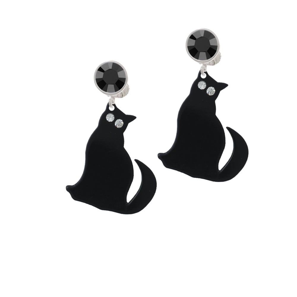 Acrylic Sitting Black Cat with Crystal Eyes Crystal Clip On Earrings Image 3