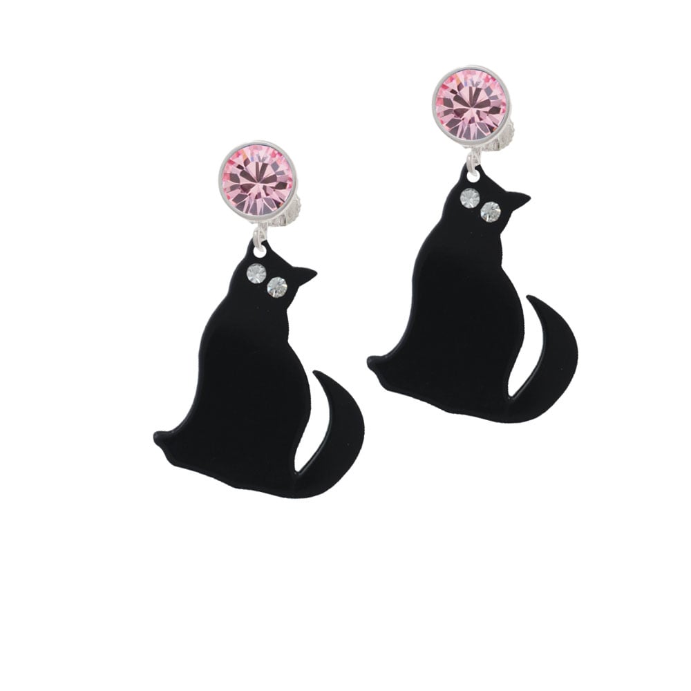 Acrylic Sitting Black Cat with Crystal Eyes Crystal Clip On Earrings Image 4