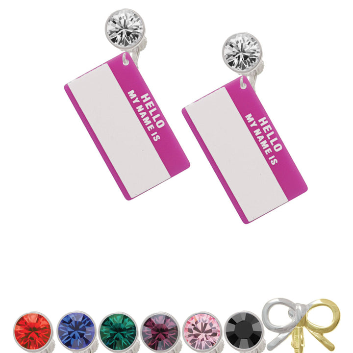 Acrylic Pink "Hello" Name Tag Crystal Clip On Earrings Image 1