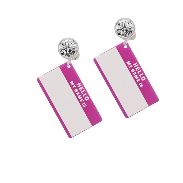 Acrylic Pink "Hello" Name Tag Crystal Clip On Earrings Image 2