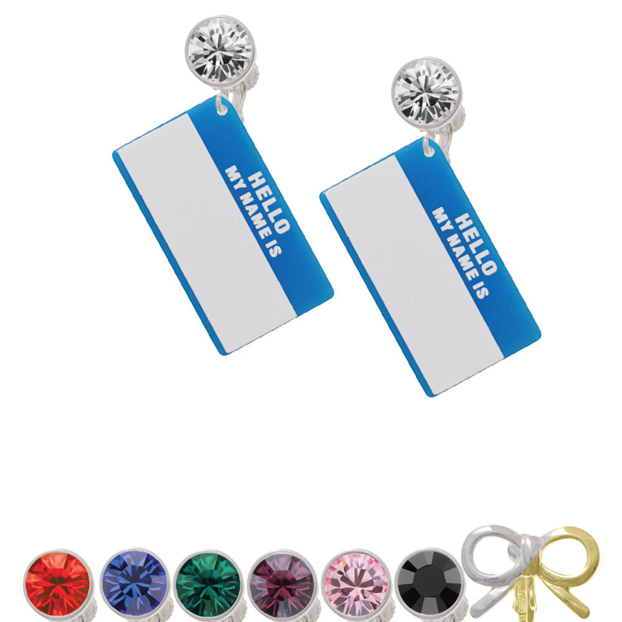 Acrylic Blue "Hello" Name Tag Crystal Clip On Earrings Image 1