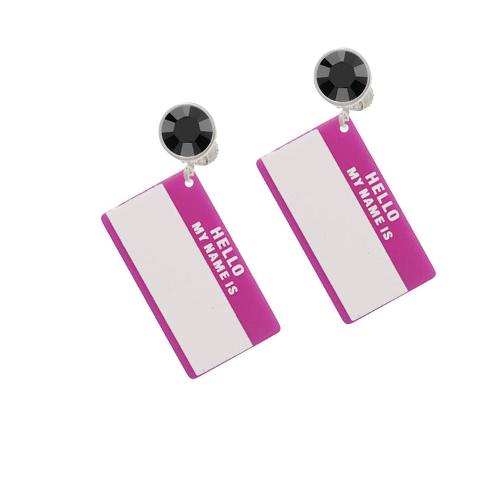 Acrylic Pink "Hello" Name Tag Crystal Clip On Earrings Image 3