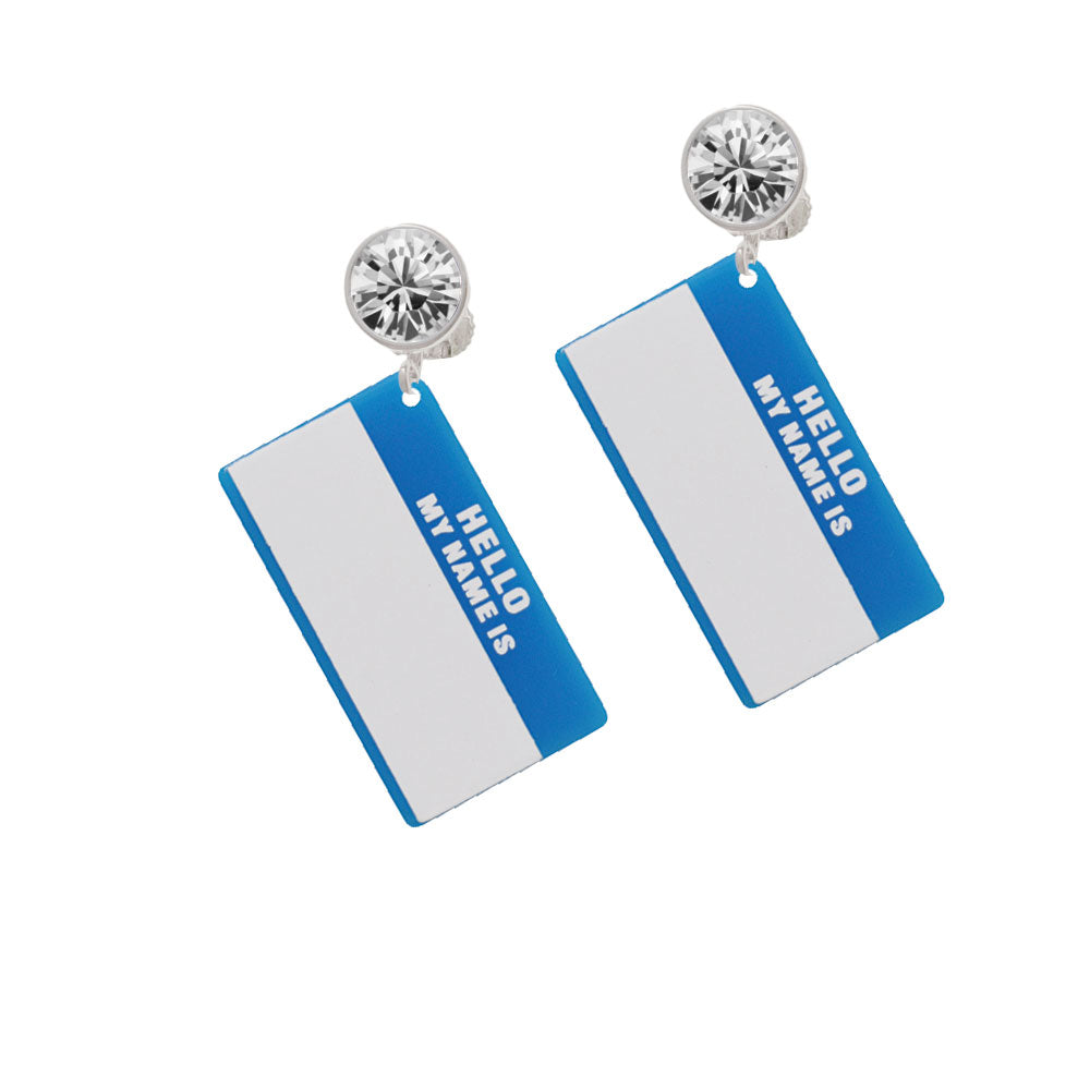 Acrylic Blue "Hello" Name Tag Crystal Clip On Earrings Image 2