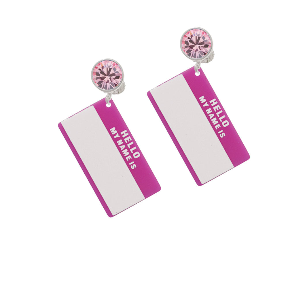 Acrylic Pink "Hello" Name Tag Crystal Clip On Earrings Image 4