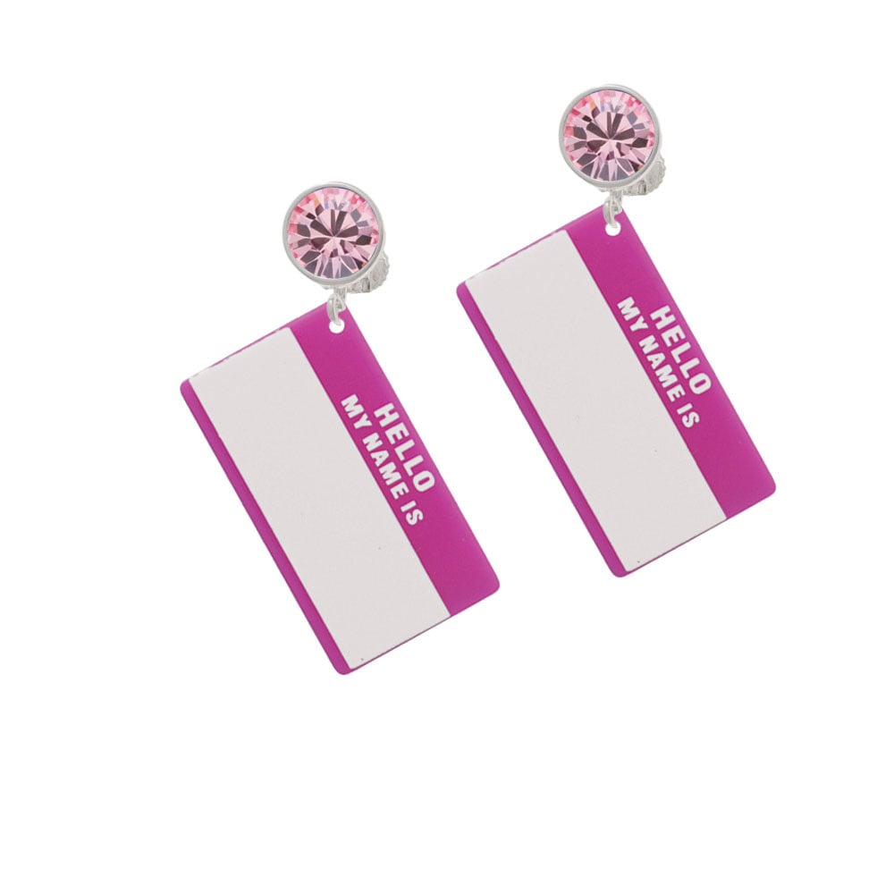 Acrylic Pink "Hello" Name Tag Crystal Clip On Earrings Image 1