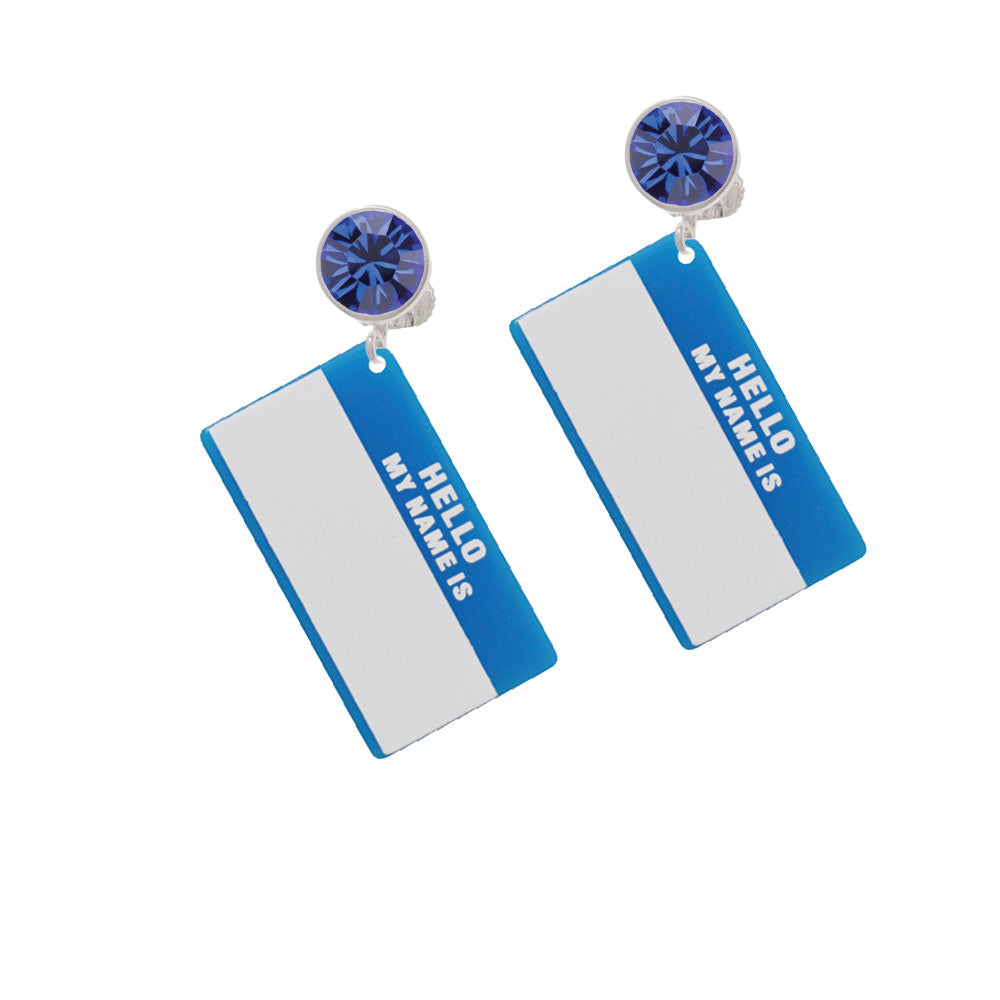 Acrylic Blue "Hello" Name Tag Crystal Clip On Earrings Image 7