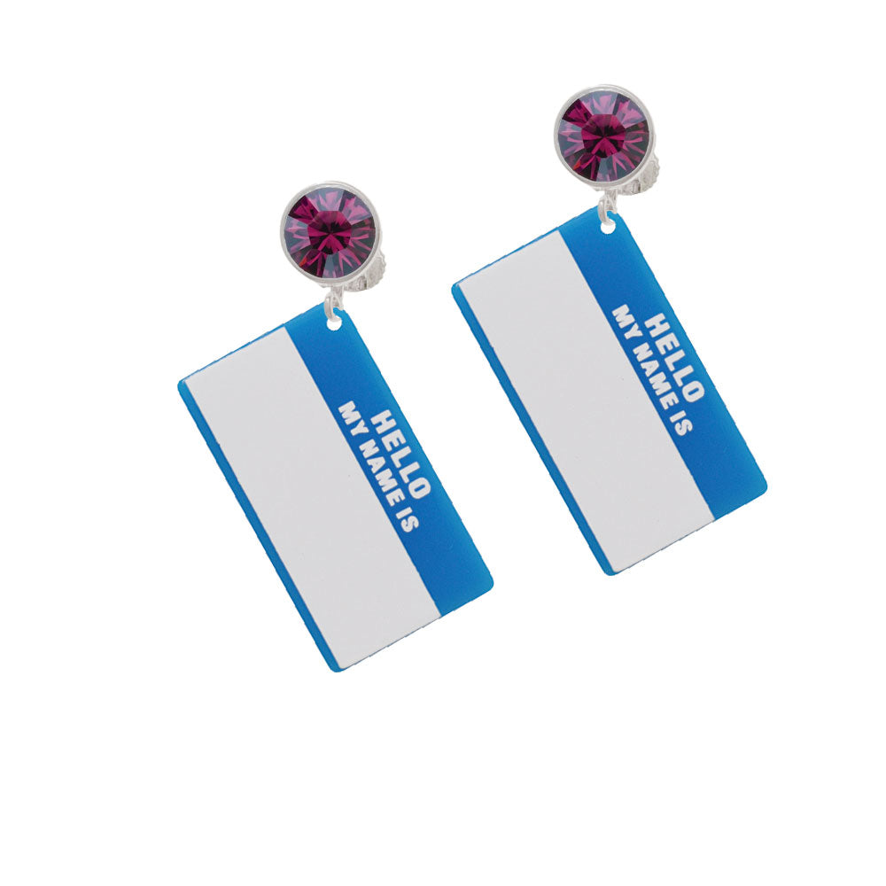 Acrylic Blue "Hello" Name Tag Crystal Clip On Earrings Image 8