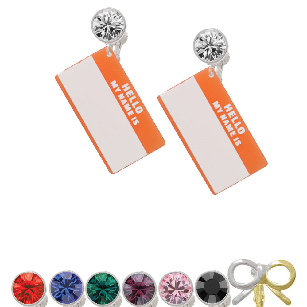 Acrylic Orange "Hello" Name Tag Crystal Clip On Earrings Image 1