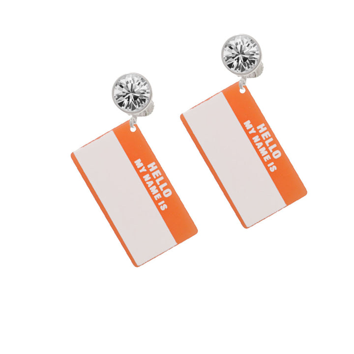 Acrylic Orange "Hello" Name Tag Crystal Clip On Earrings Image 2