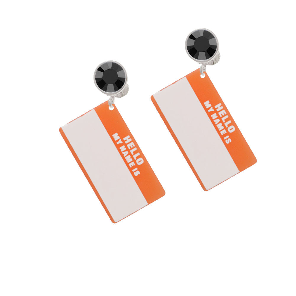 Acrylic Orange "Hello" Name Tag Crystal Clip On Earrings Image 3