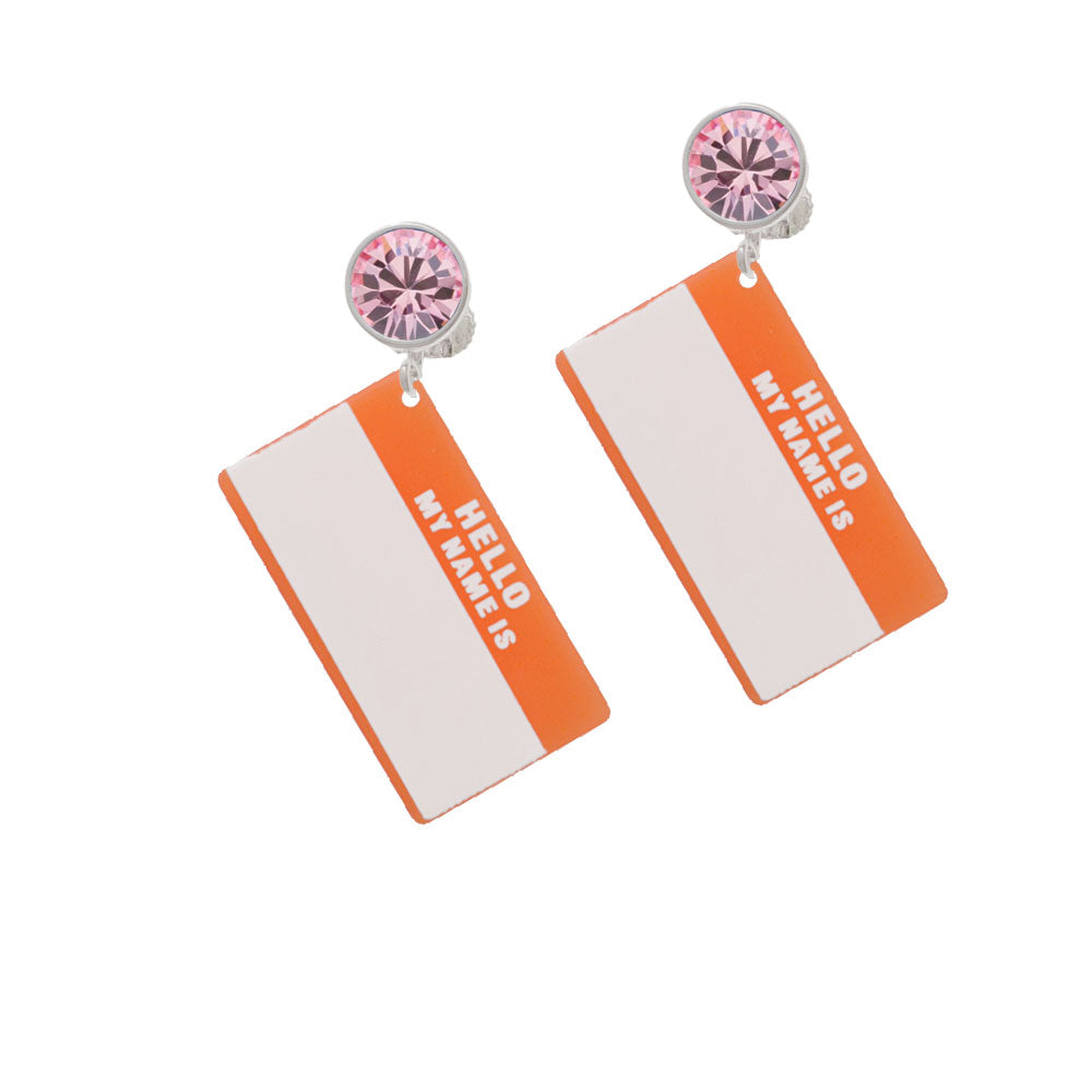 Acrylic Orange "Hello" Name Tag Crystal Clip On Earrings Image 4