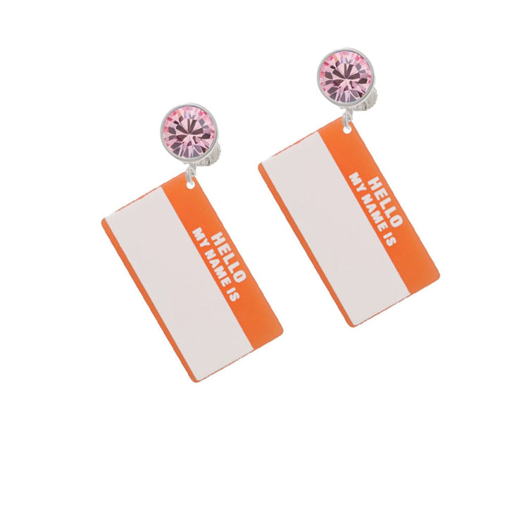 Acrylic Orange "Hello" Name Tag Crystal Clip On Earrings Image 1