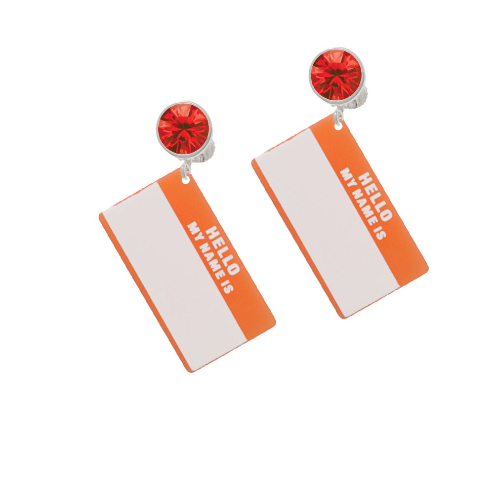 Acrylic Orange "Hello" Name Tag Crystal Clip On Earrings Image 4