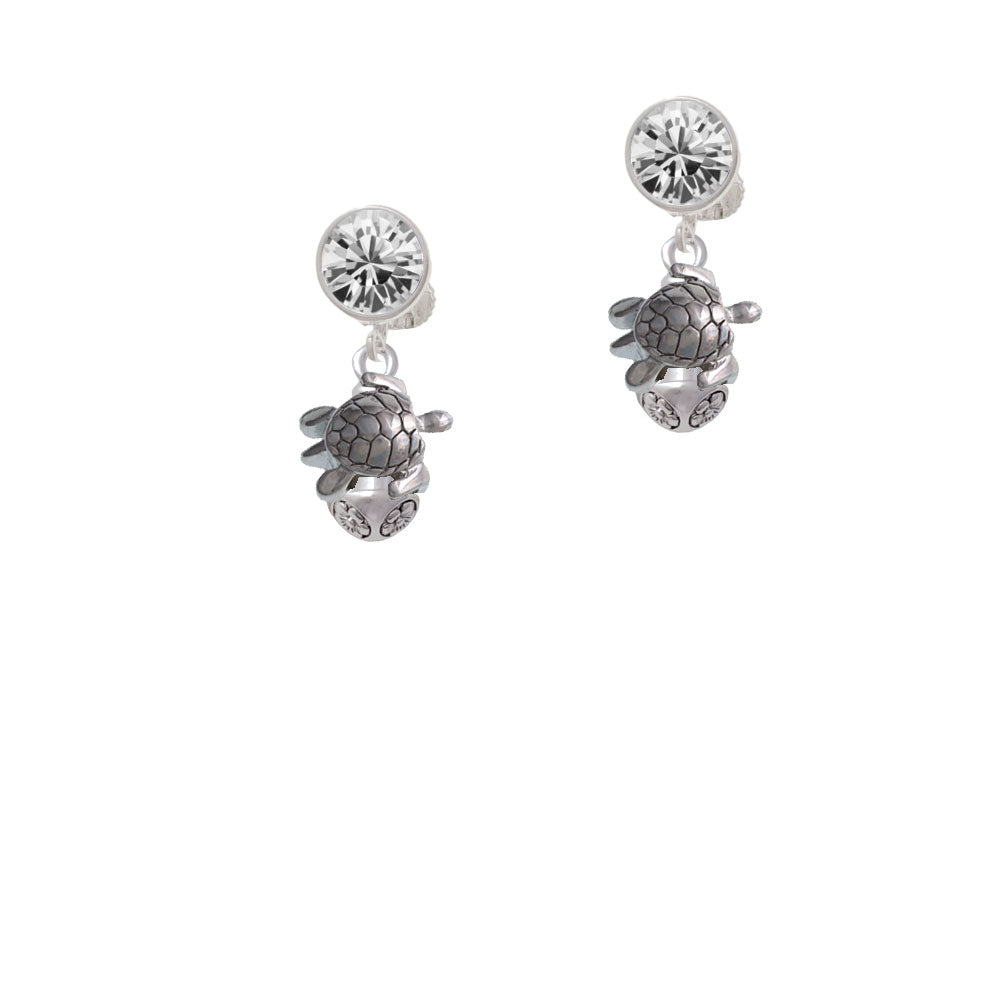 Silver Tone 2-D Sea Turtle Spinner Crystal Clip On Earrings Image 2