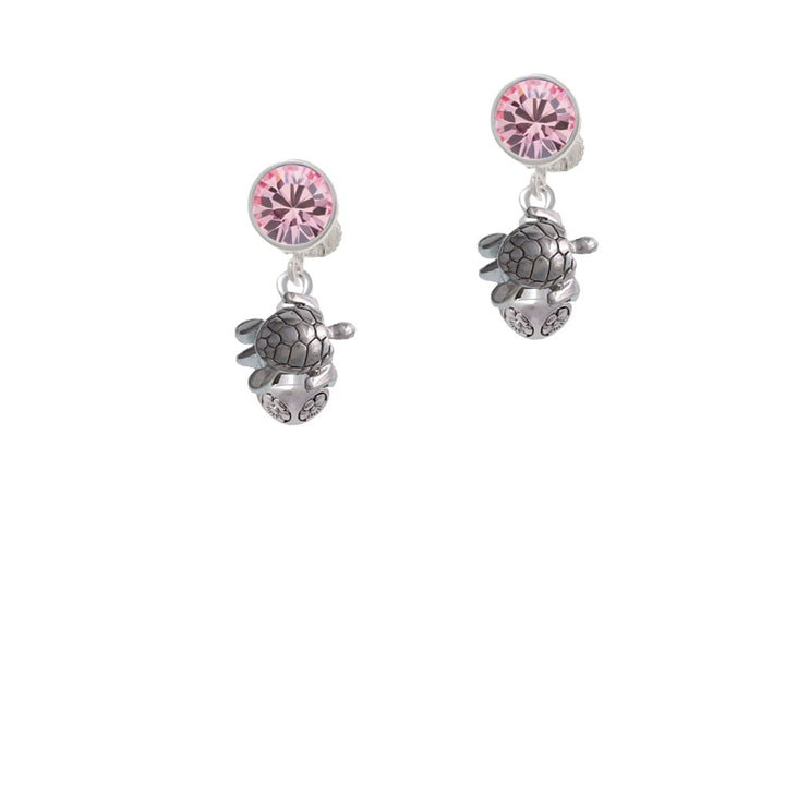 Silver Tone 2-D Sea Turtle Spinner Crystal Clip On Earrings Image 1