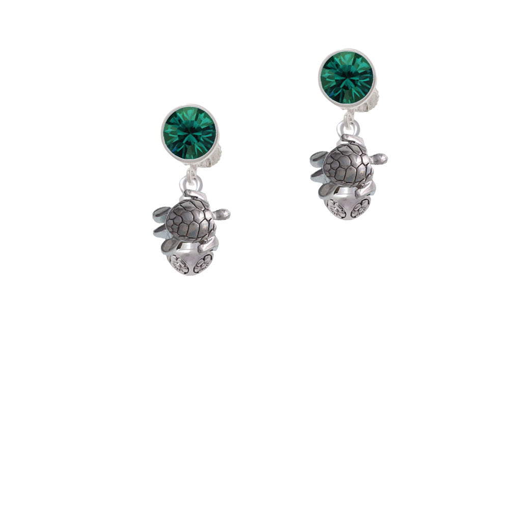 Silver Tone 2-D Sea Turtle Spinner Crystal Clip On Earrings Image 6