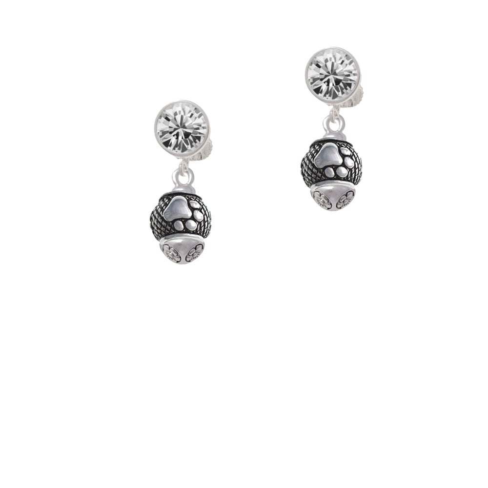 Silver Tone Paw on Hatched Background Spinners Crystal Clip On Earrings Image 2