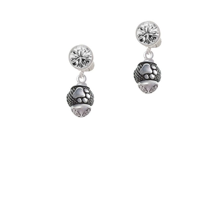 Silver Tone Paw on Hatched Background Spinners Crystal Clip On Earrings Image 1