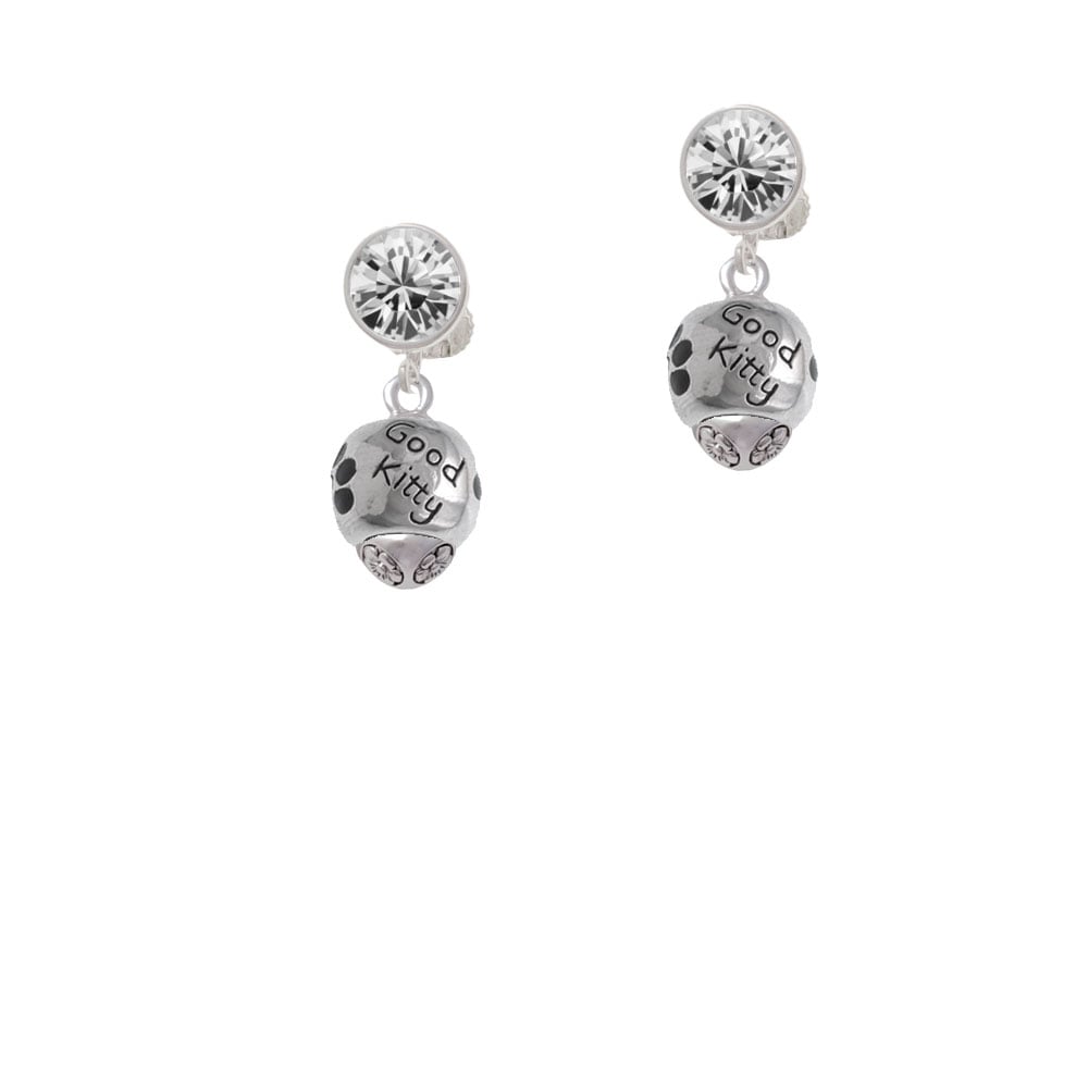 Good Kitty with Black Paw Spinners Crystal Clip On Earrings Image 1