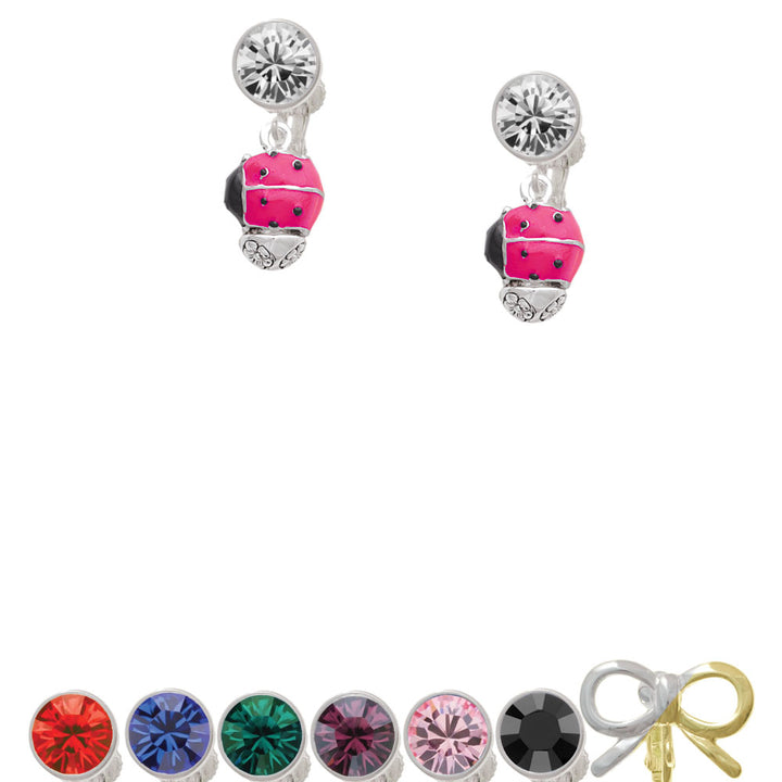 Hot Pink Ladybug Spinner Crystal Clip On Earrings Image 1