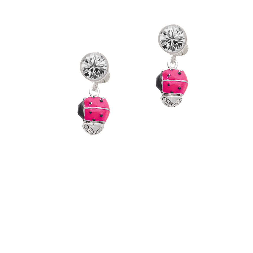 Hot Pink Ladybug Spinner Crystal Clip On Earrings Image 2