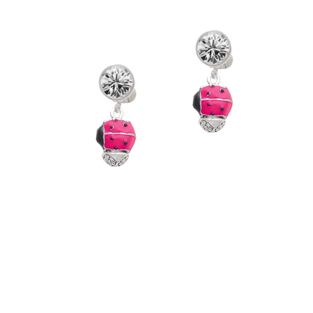 Hot Pink Ladybug Spinner Crystal Clip On Earrings Image 1