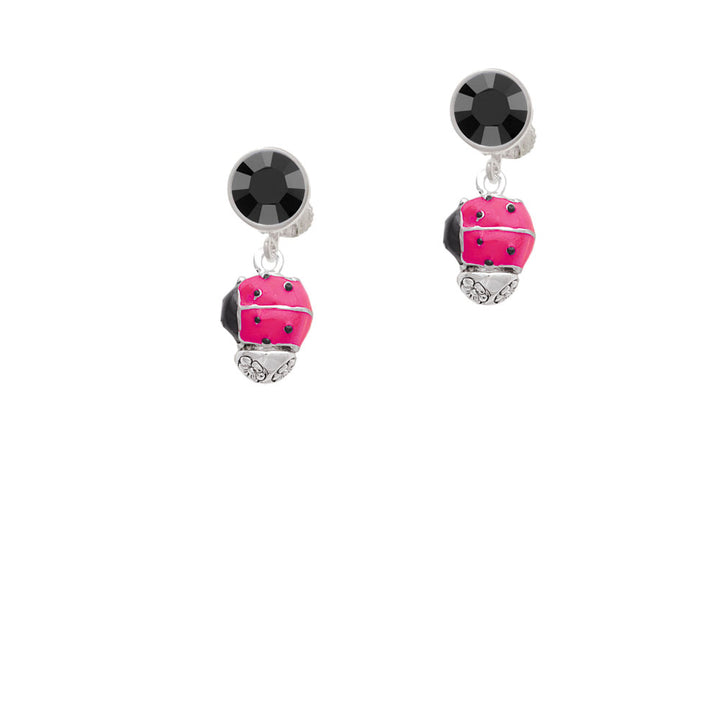 Hot Pink Ladybug Spinner Crystal Clip On Earrings Image 3