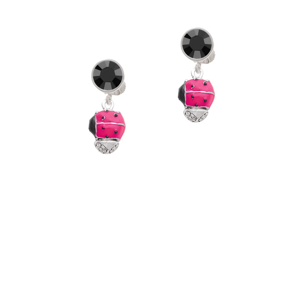 Hot Pink Ladybug Spinner Crystal Clip On Earrings Image 1