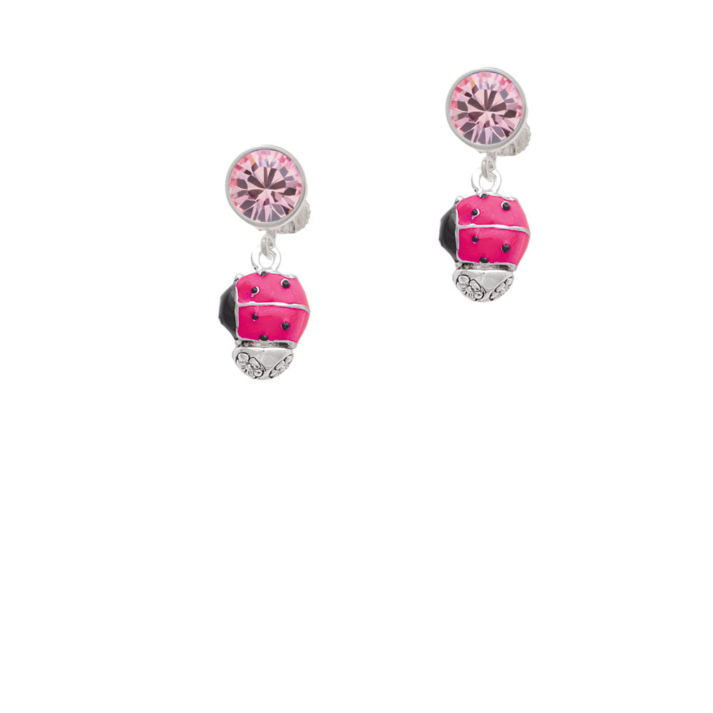 Hot Pink Ladybug Spinner Crystal Clip On Earrings Image 4